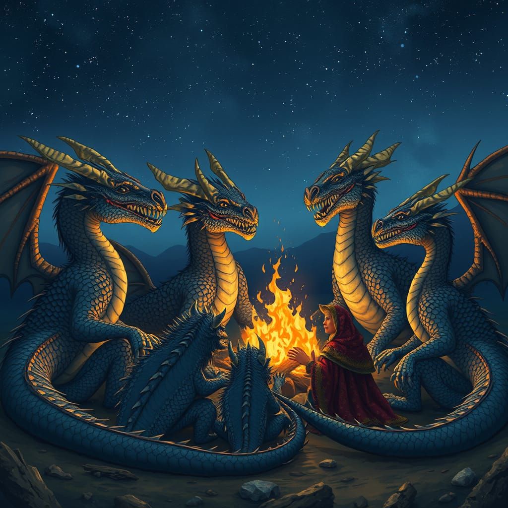 Family of Dragons Gather Around a Campfire Under Starry Nigh...