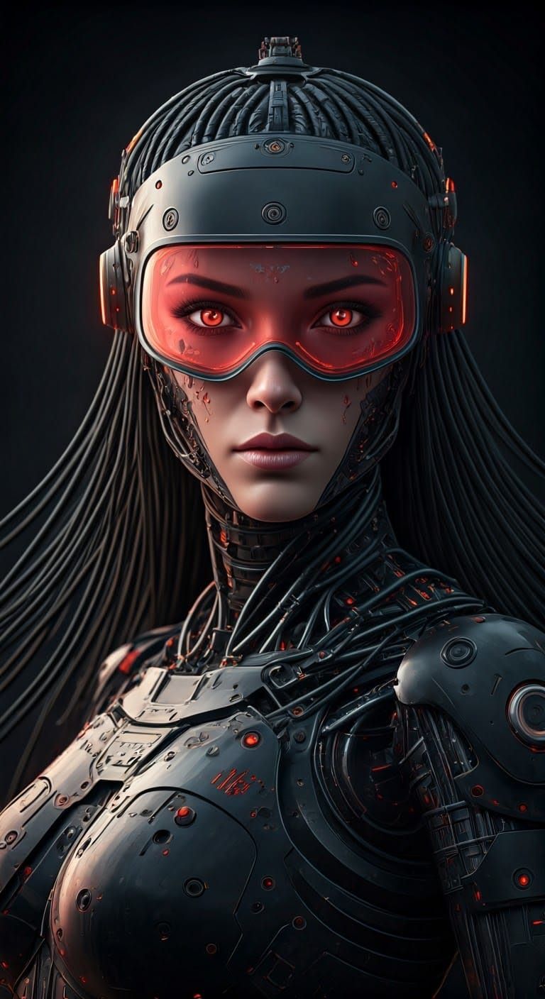 Ethereal Cyberpunk Warrior in Neon Red and Black Armor