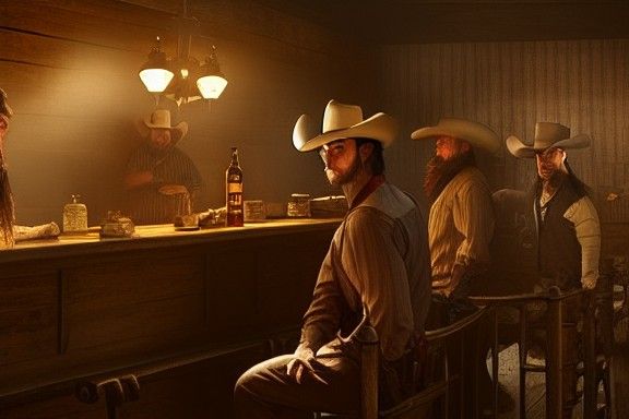 Cowboys at Saloon in Wild West Painting