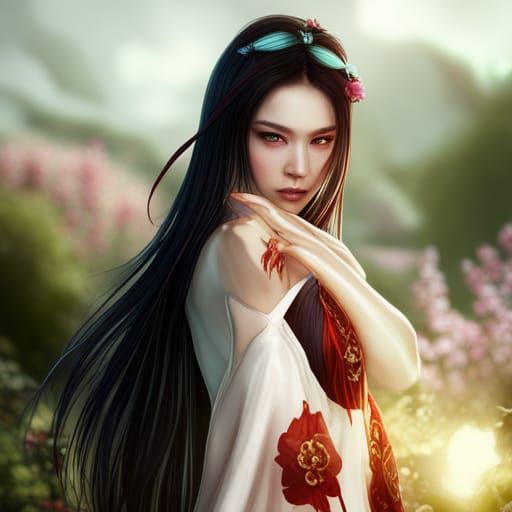 Chinese Woman with Flower, Detailed Matte Painting
