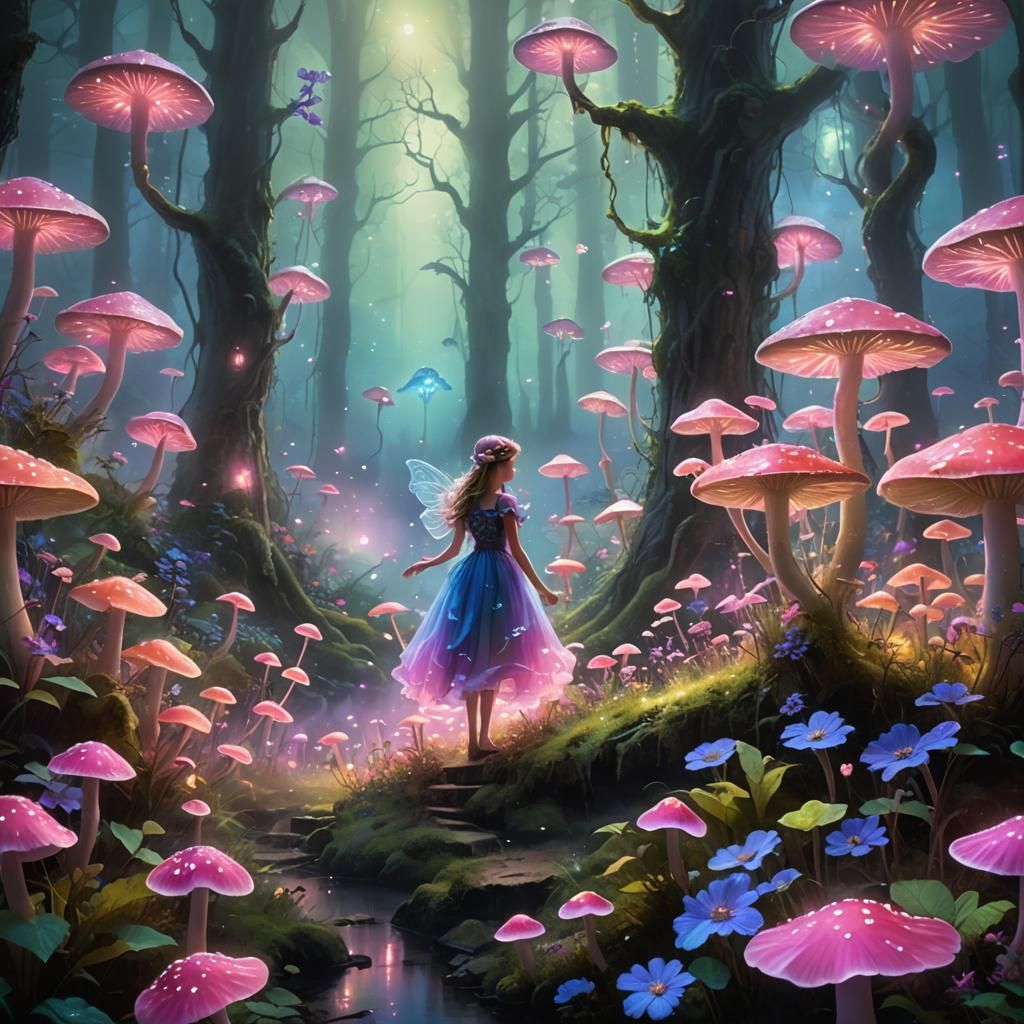 Glowing Fairy in Fluorescent Forest: Dreamy Oil Painting