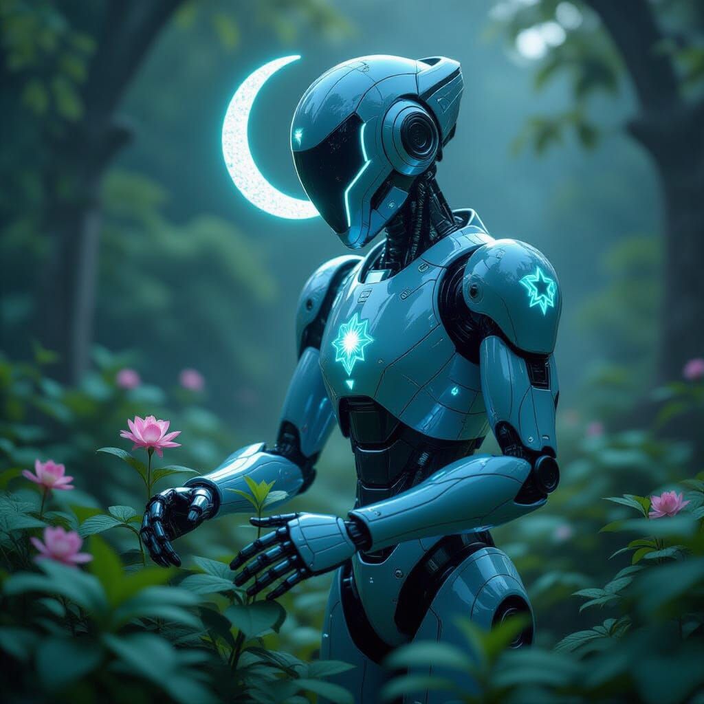 Baroque Robotic Guardian Tending Alien Garden