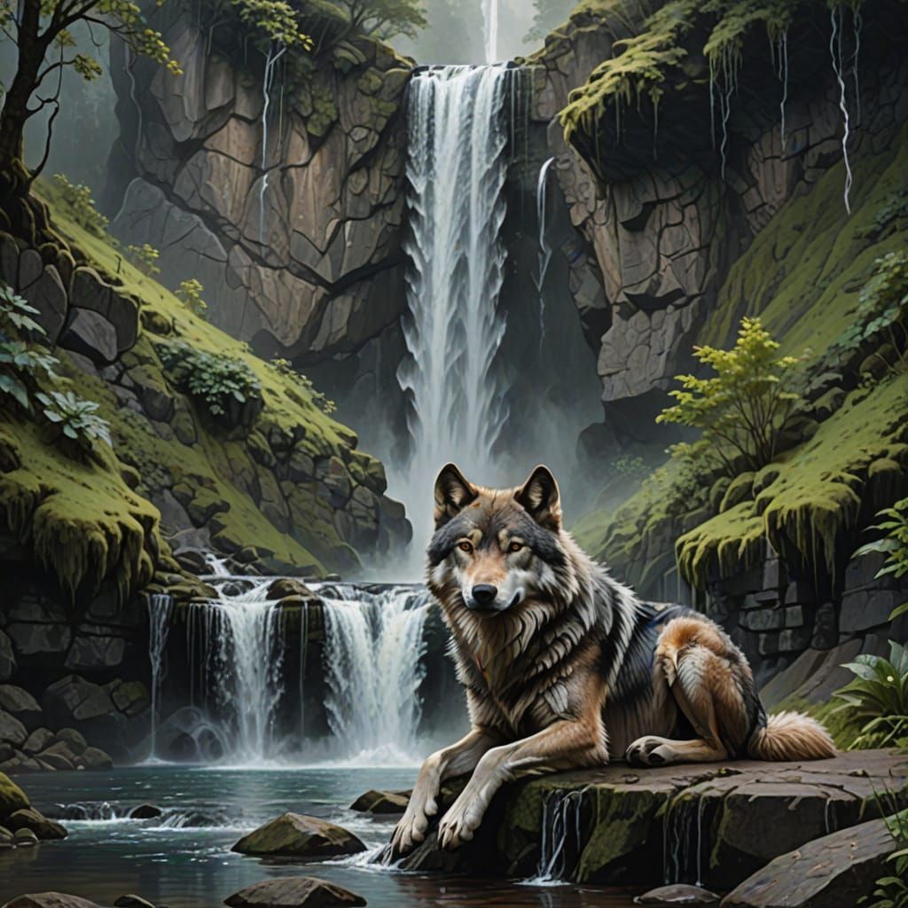 Wolf Surrounded by Mystical Waterfall in Enchanted Forest