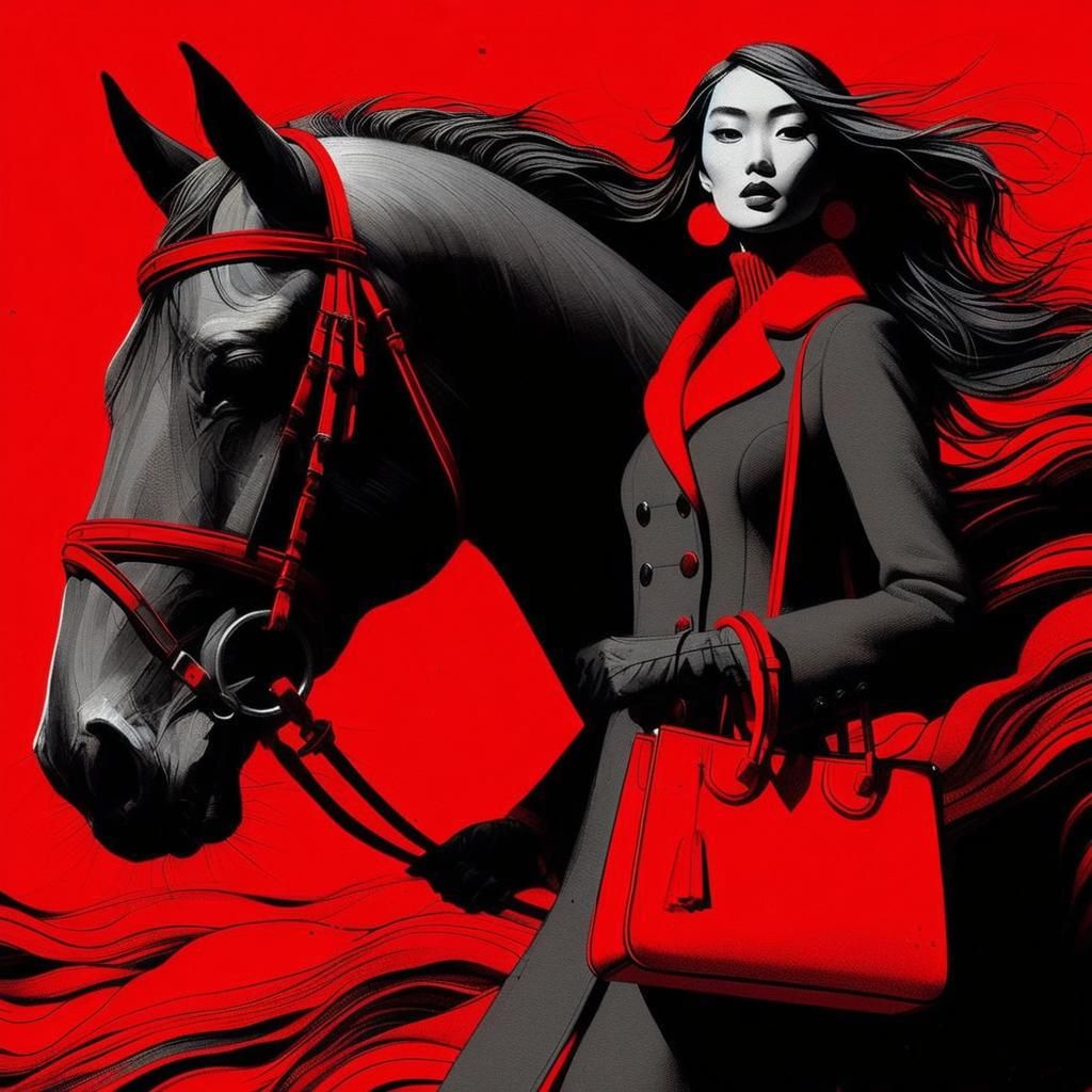 Woman on Red Horse in Stark Black and White