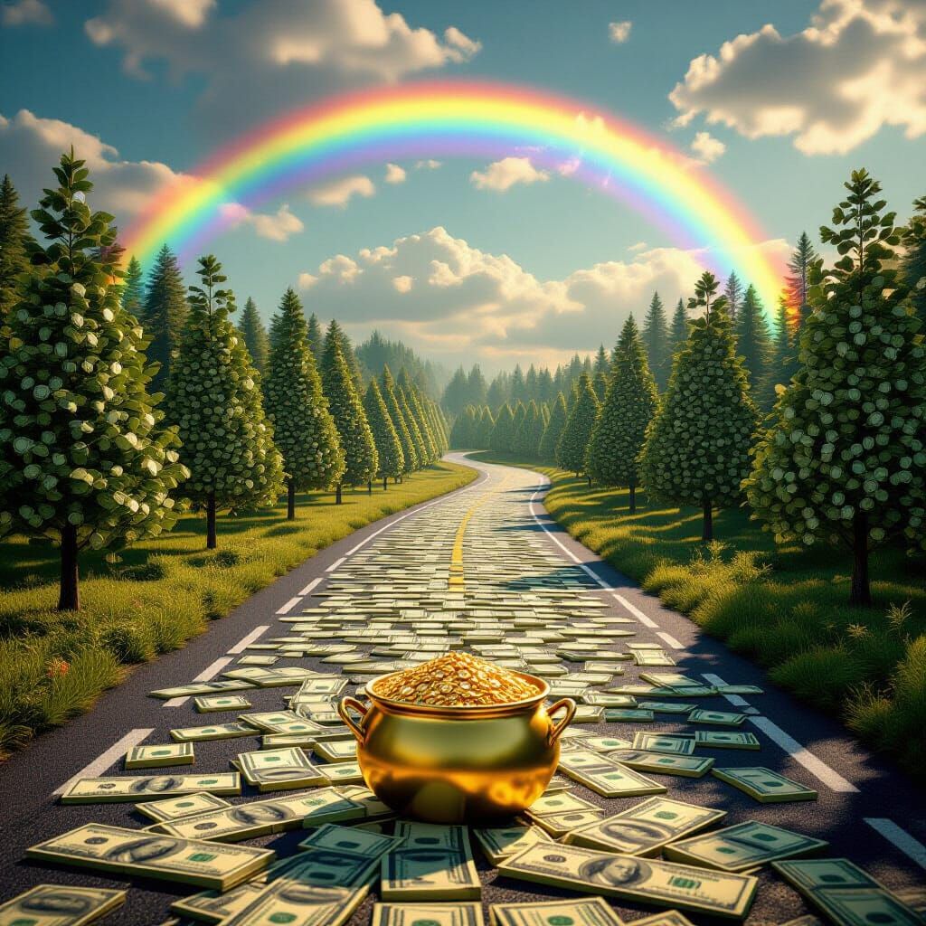 Surreal Money Landscape with Pot of Gold