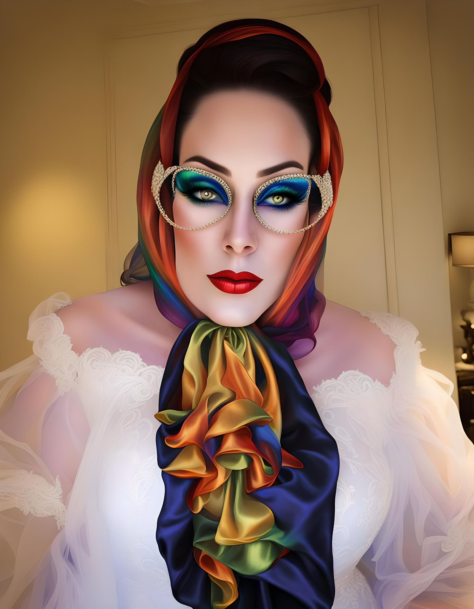 Rainbow Satin Gown for Statuesque Drag Queen