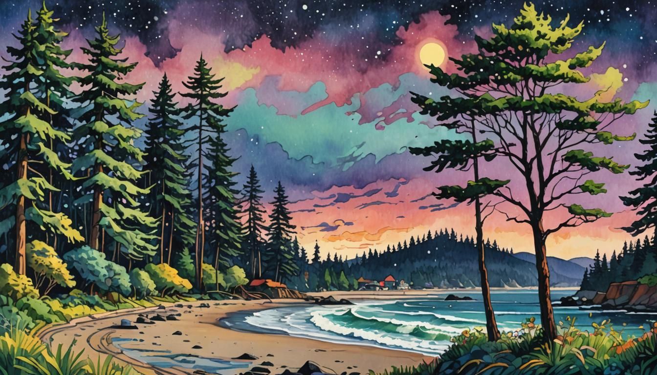 Psychedelic Seaside Gouache Painting of Pacific Northwest