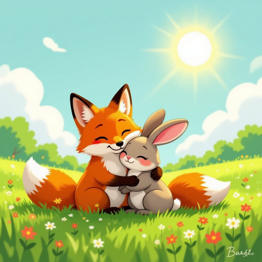 Fox and Rabbit Hugging on Sunny Meadow