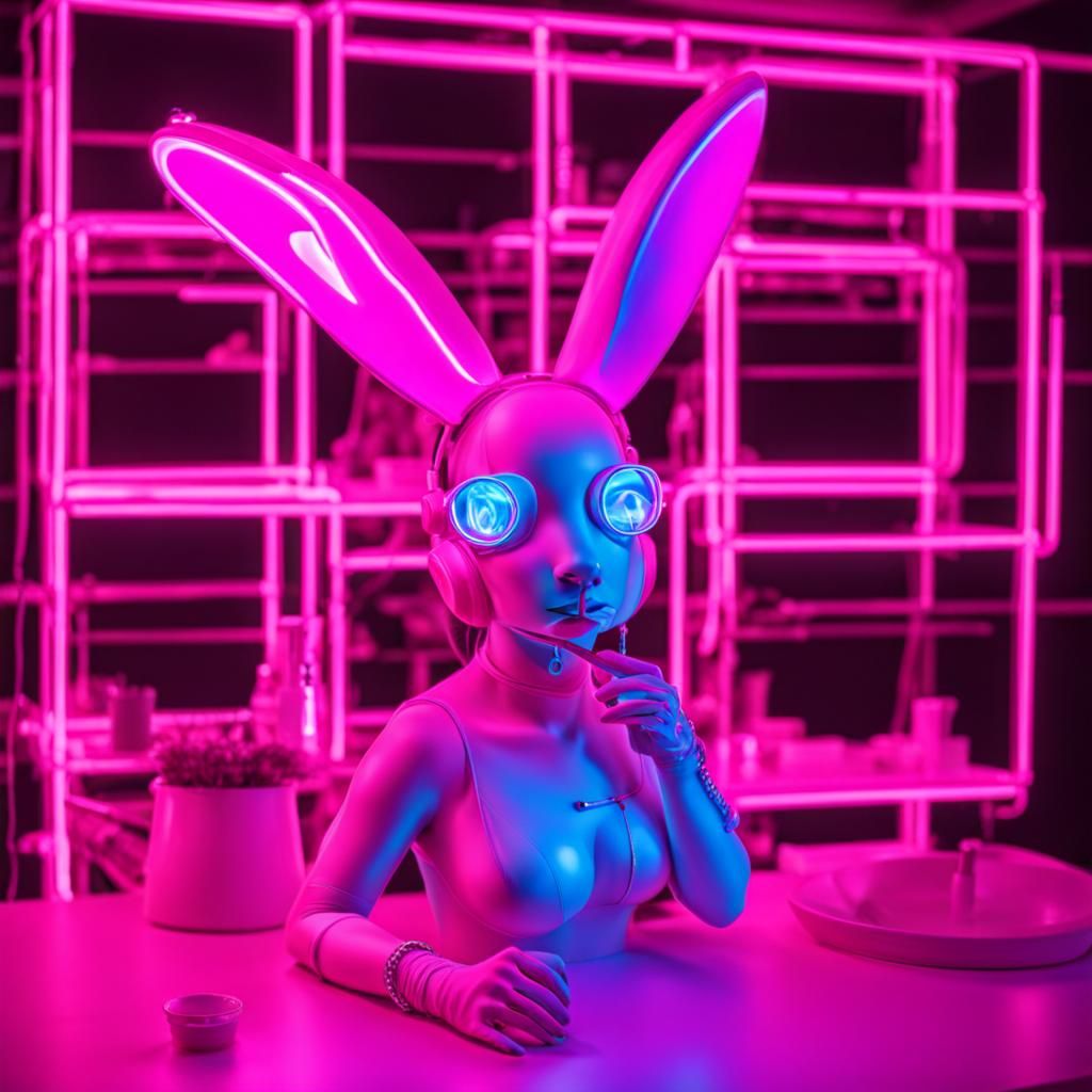 Pink Cyber Bunny in Neon Vaporwave Wonderland
