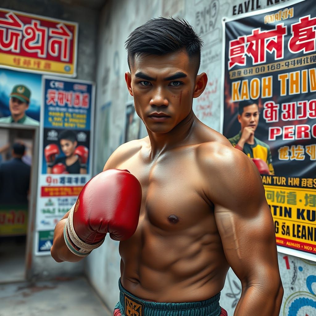 Determined Thai Boxer on Vibrant Poster Wall