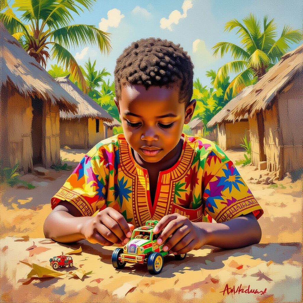 Nigerian Boy Crafts Palm Leaf Car in Village