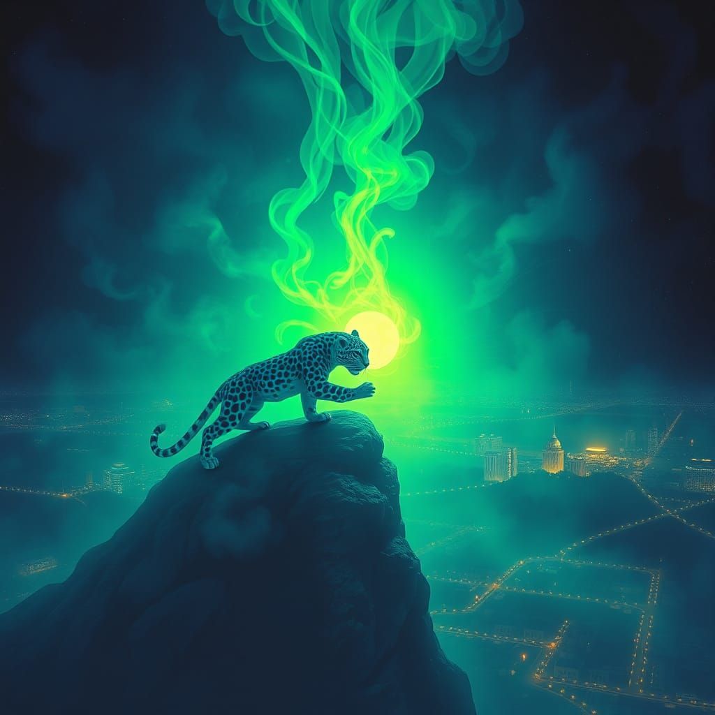 Surreal Cityscape with Gods and Blue Leopard