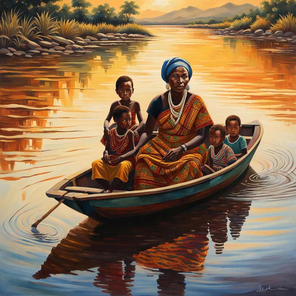 Saramaka Family Crossing River in Oil Painting Style