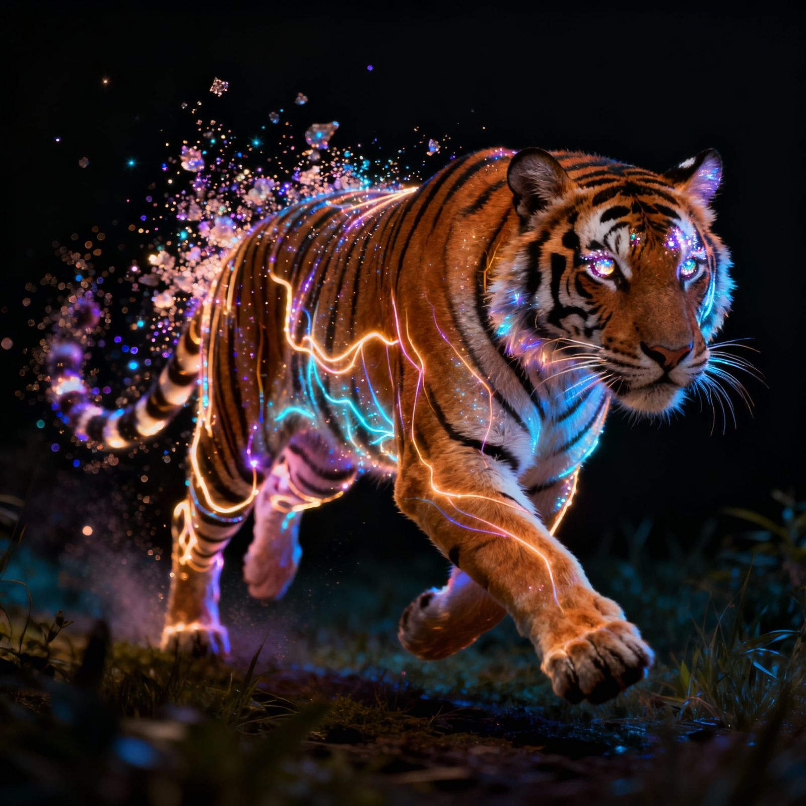 Epic Tiger Running Forward, Veins Glowing, Disintegrating in...