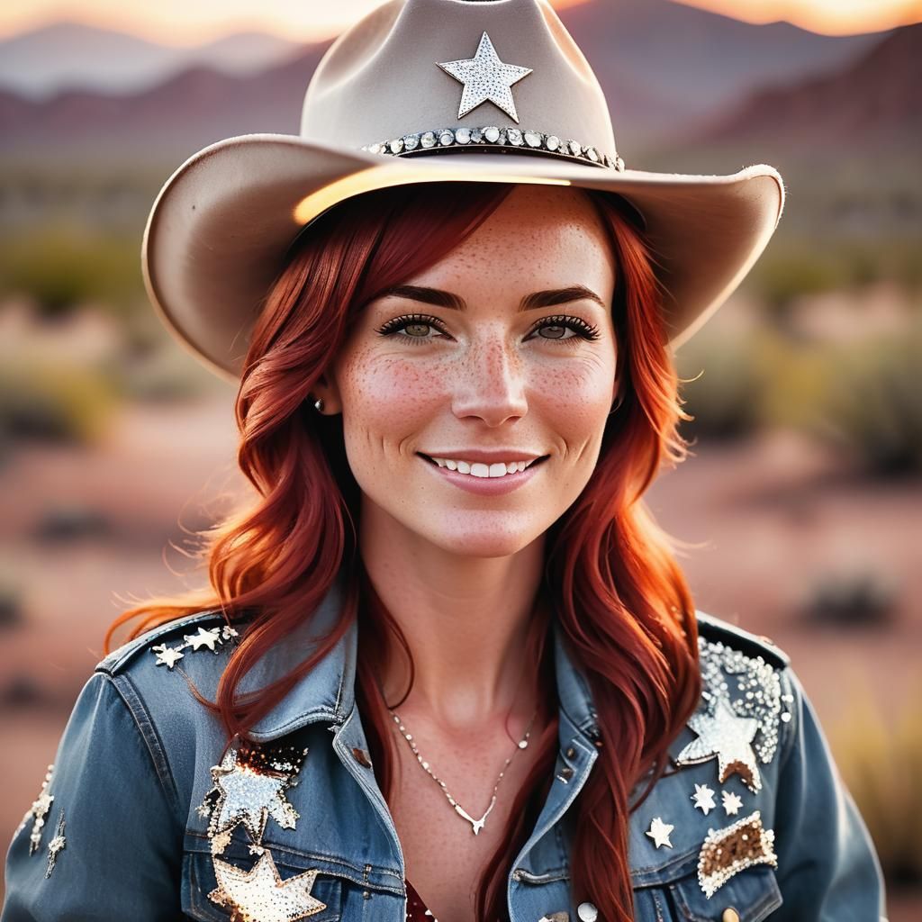 Red-Haired Cowgirl Portrait with Sequined Hat