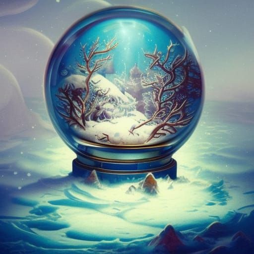 Winter Landscape in Snow Globe, Ink Illustration