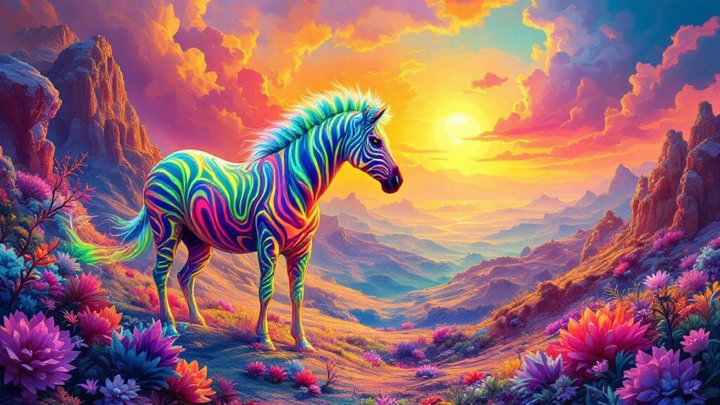 Surreal, Vibrant Flaming Zebra in a Dreamlike, Surrealist Al...