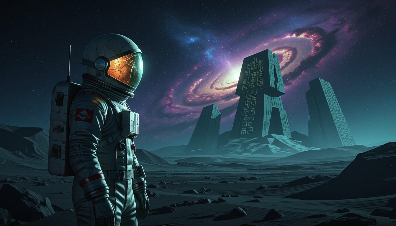 Astronaut on Alien Planet with Ancient Ruins in Retro Sci-Fi...