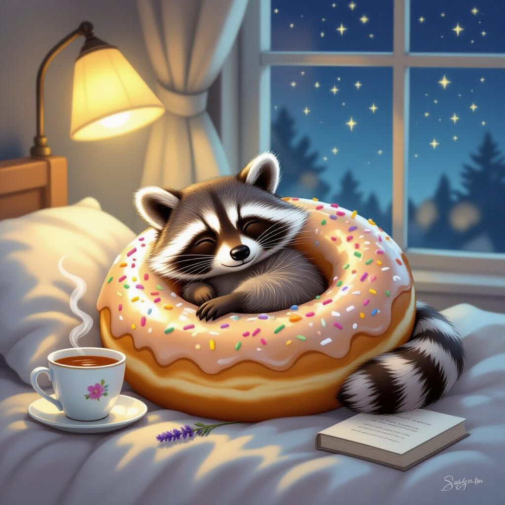 Sleepy Raccoon Snuggled in Donut Illustration