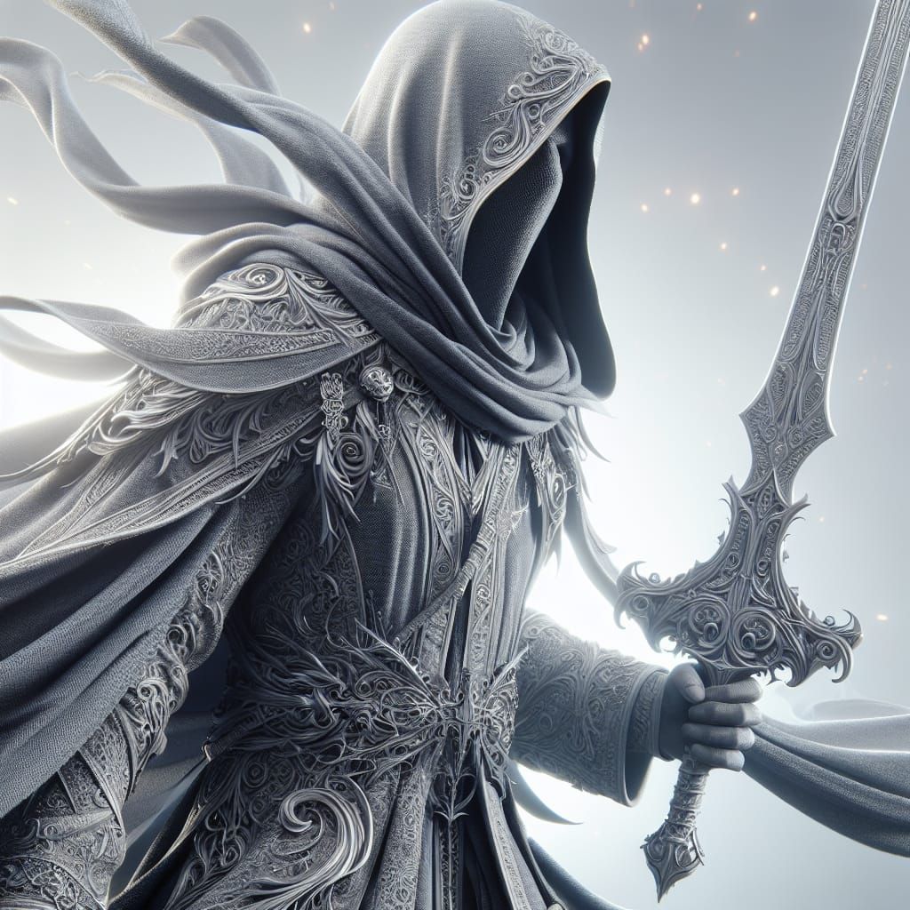 Figure in Grey Robes with Ornate Sword