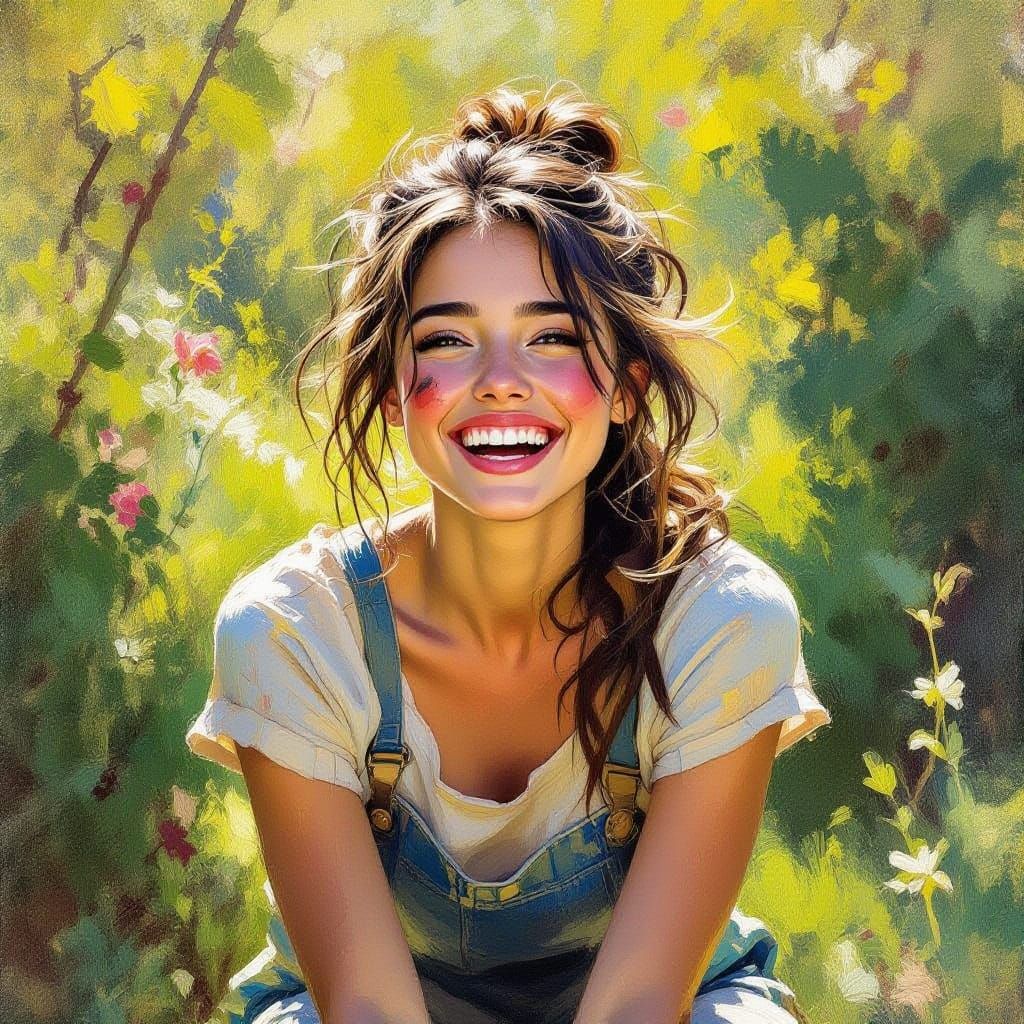 Joyful Woman Laughing in Sunlit Impressionist Garden