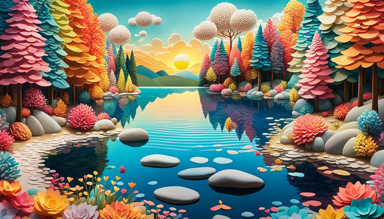 Whimsical Lakeside Landscape in Paper Craft Style