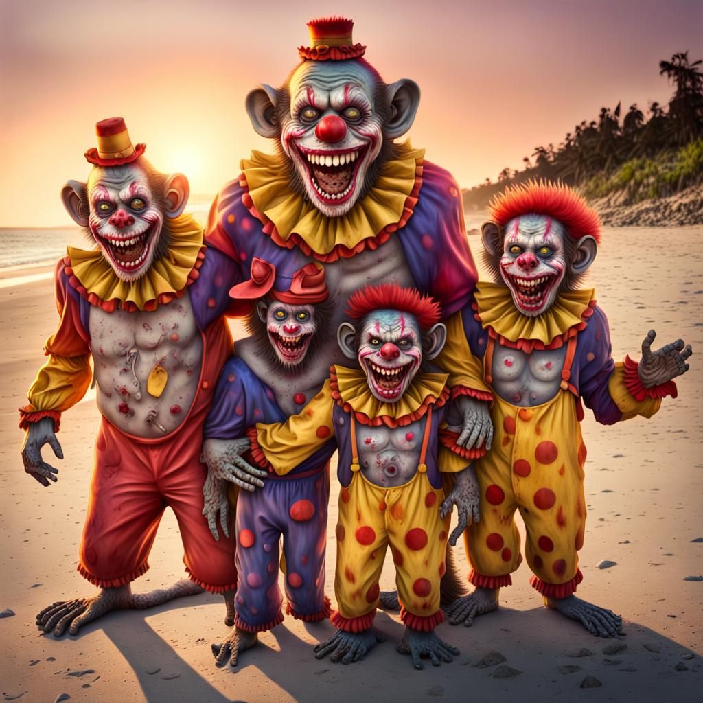Zombie Monkey Clown Family at Sunset Beach