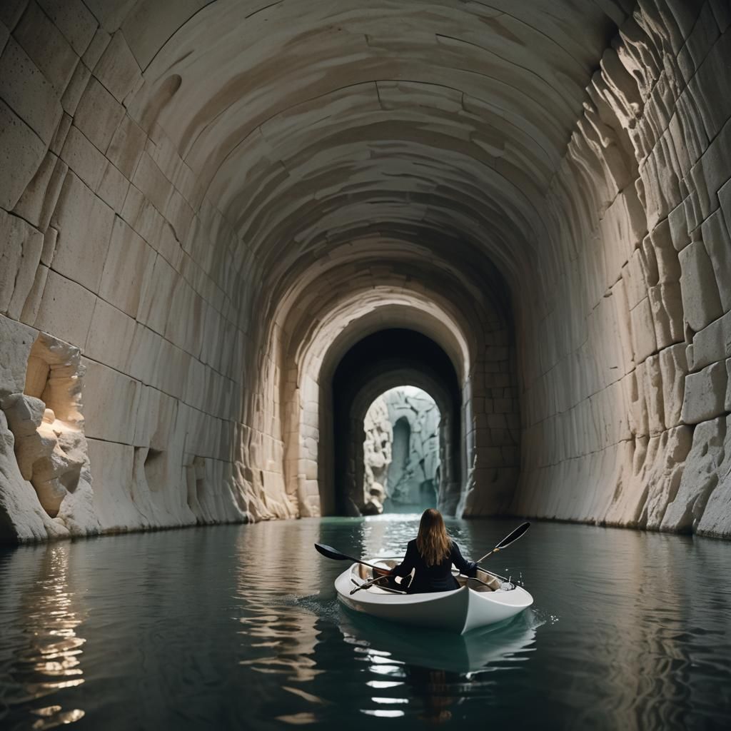 Girl in Gondola Through Ancient Tunnel