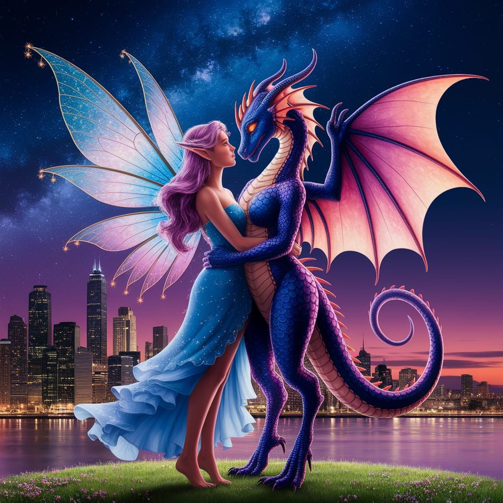 Fantastical Fairy and Dragon Couple Under Starry Cityscape