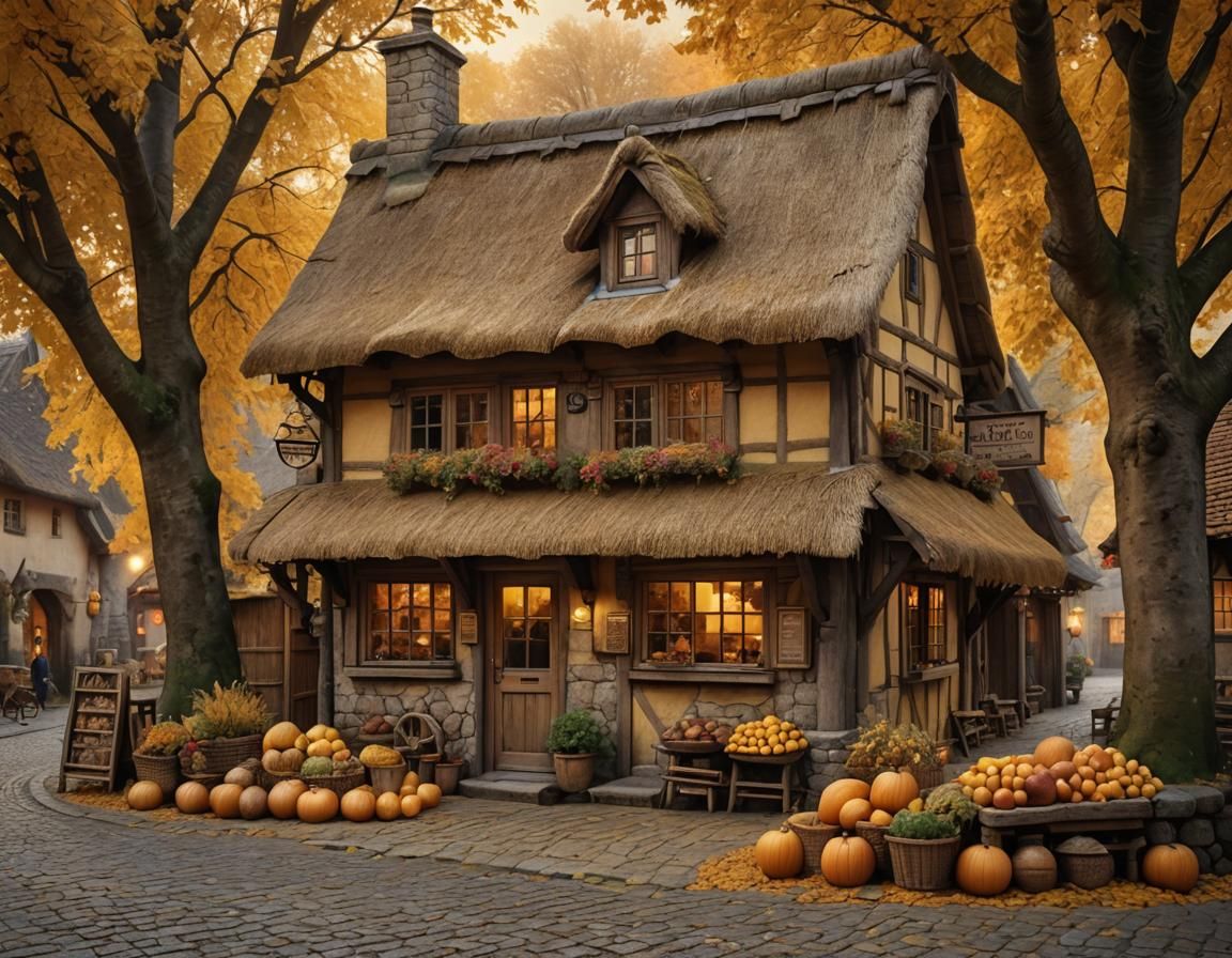 Golden Autumn Village Shop: Rustic Fantasy Photograph