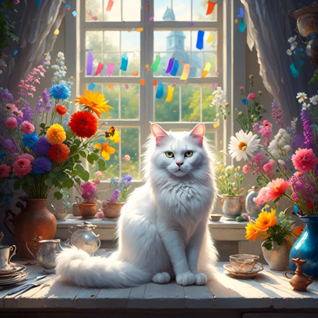White Cat with Rainbow Glitter by Window