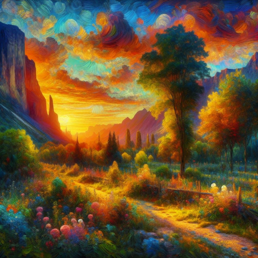 Vibrant Sunset Landscape in Impressionist Style