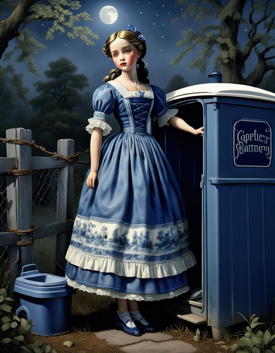 Porcelain Doll Uses Antique Porta Potty, Impasto Painting
