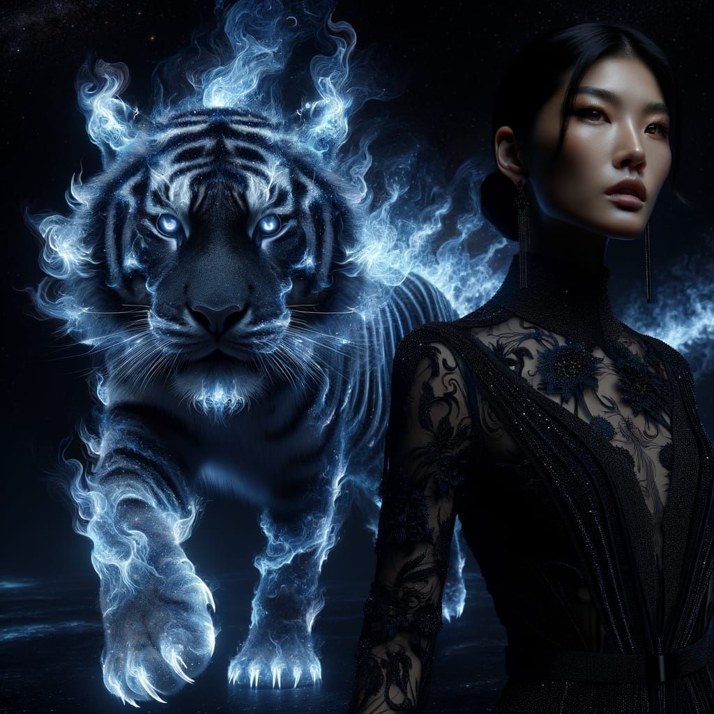 Fiery Tiger & Beautiful Woman in Galactic Night