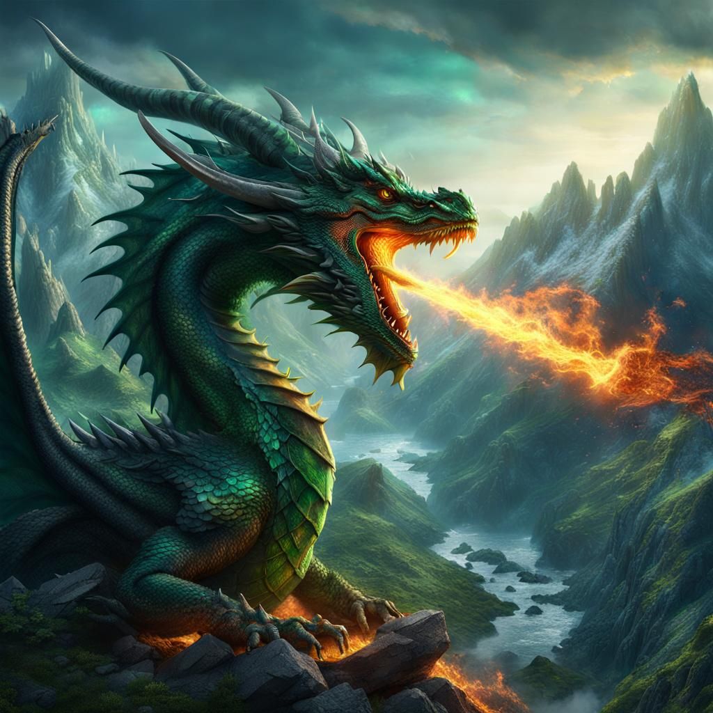 Green Dragon Breathing Fire on Mountain Top