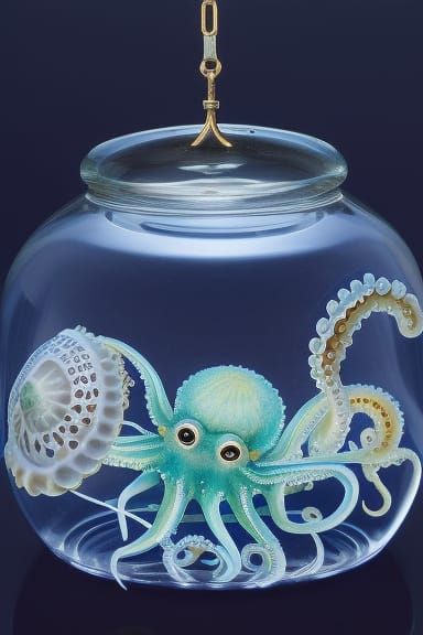 Octopus in Jar: Ernst Haeckel Style Illustration