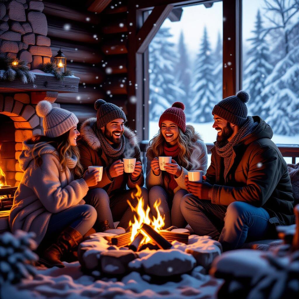 Friends Gathered Around Fireplace in Winter Cabin