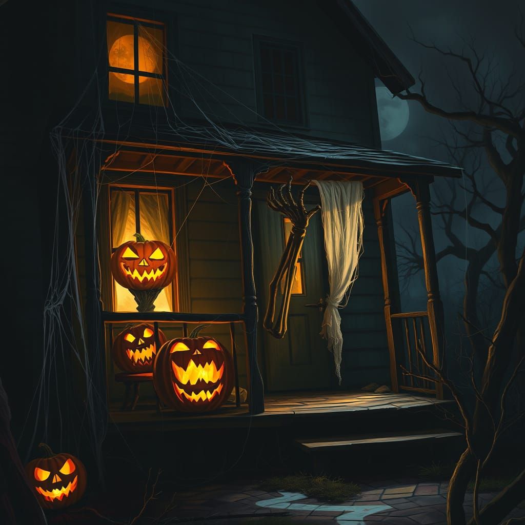 Spooky Halloween House with Eerie Jack-o'-Lanterns