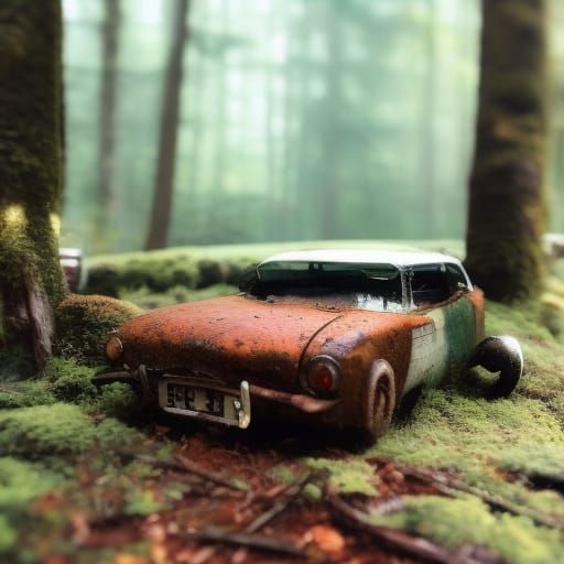 rusted vintage car in a forest