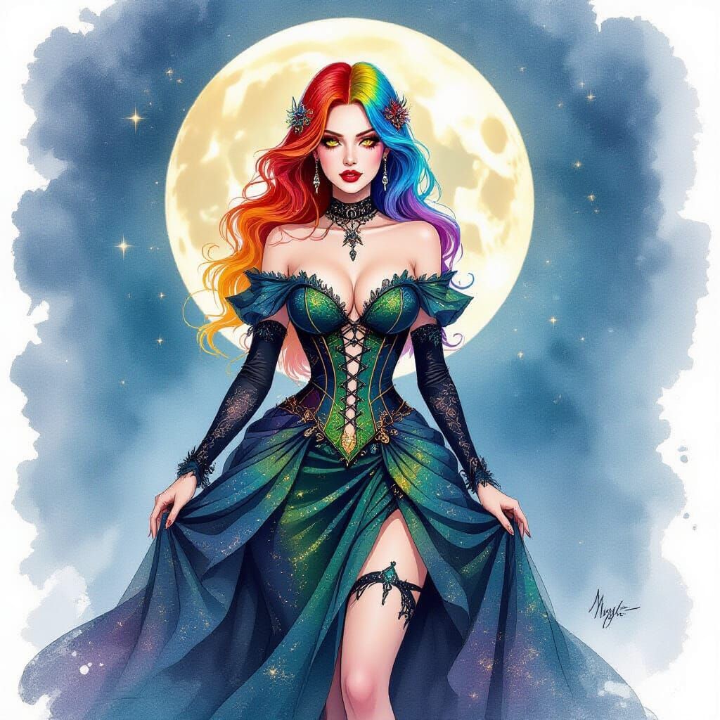 Rainbow Haired Woman in Gothic Gown, Watercolor Style