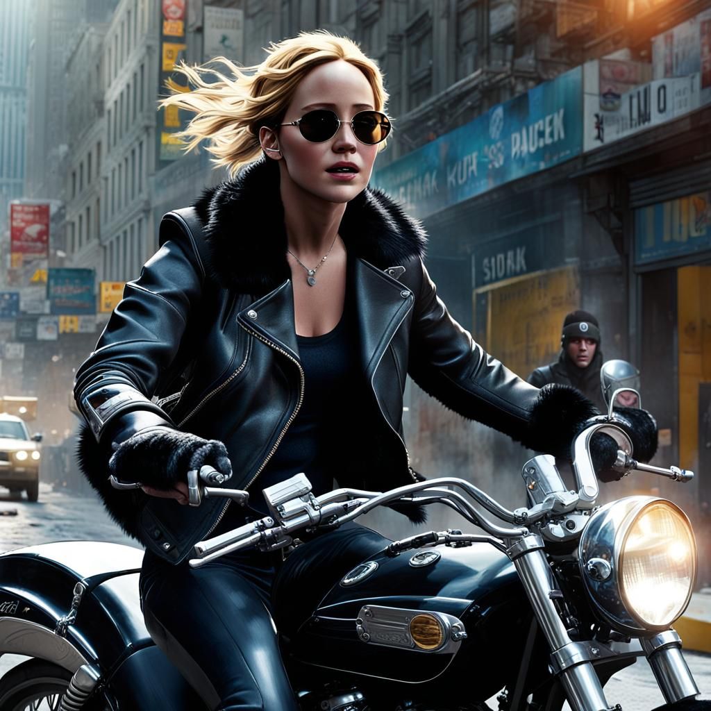 Woman Escapes Bank Robbery on Motorbike, Comic Book Art