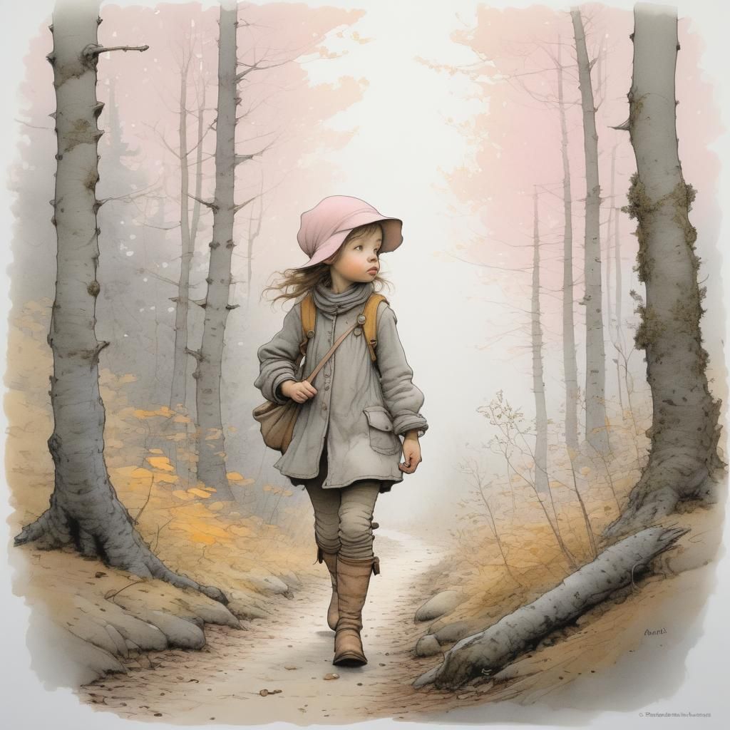 Girl Walks in Enchanted Forest, Detailed Illustration