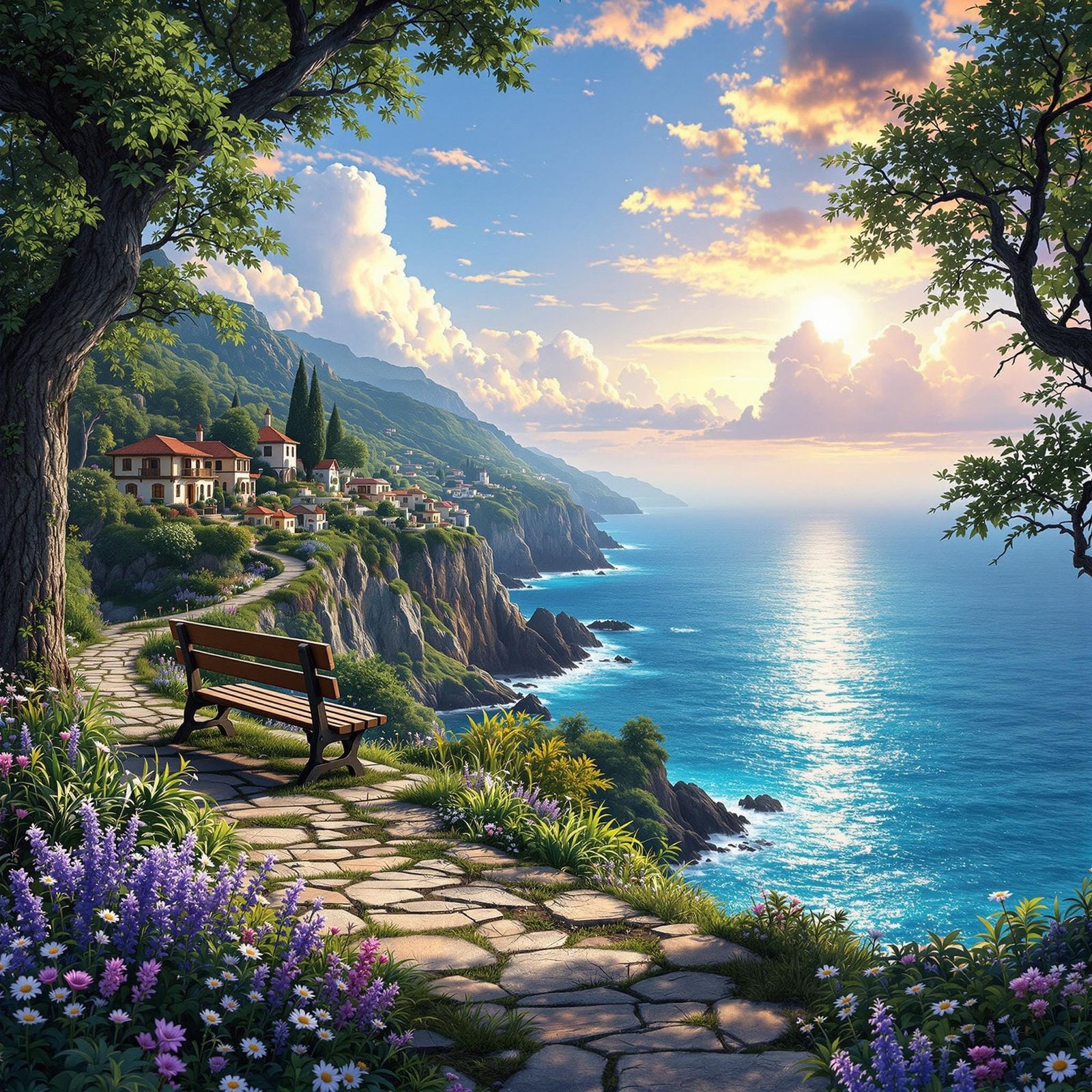 Turquoise Sea Haven with Weathered Bench and Wildflowers