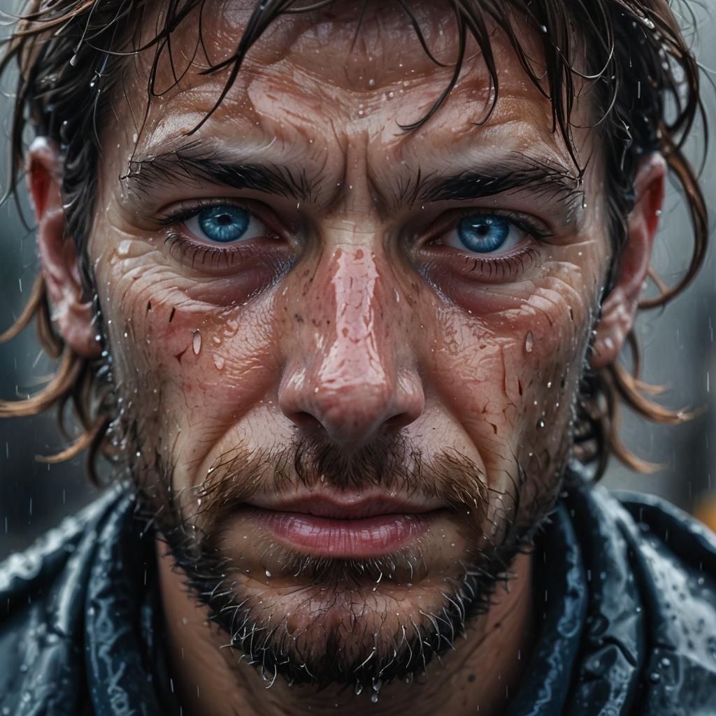 Photorealistic Portrait of a Homeless Person in Rain