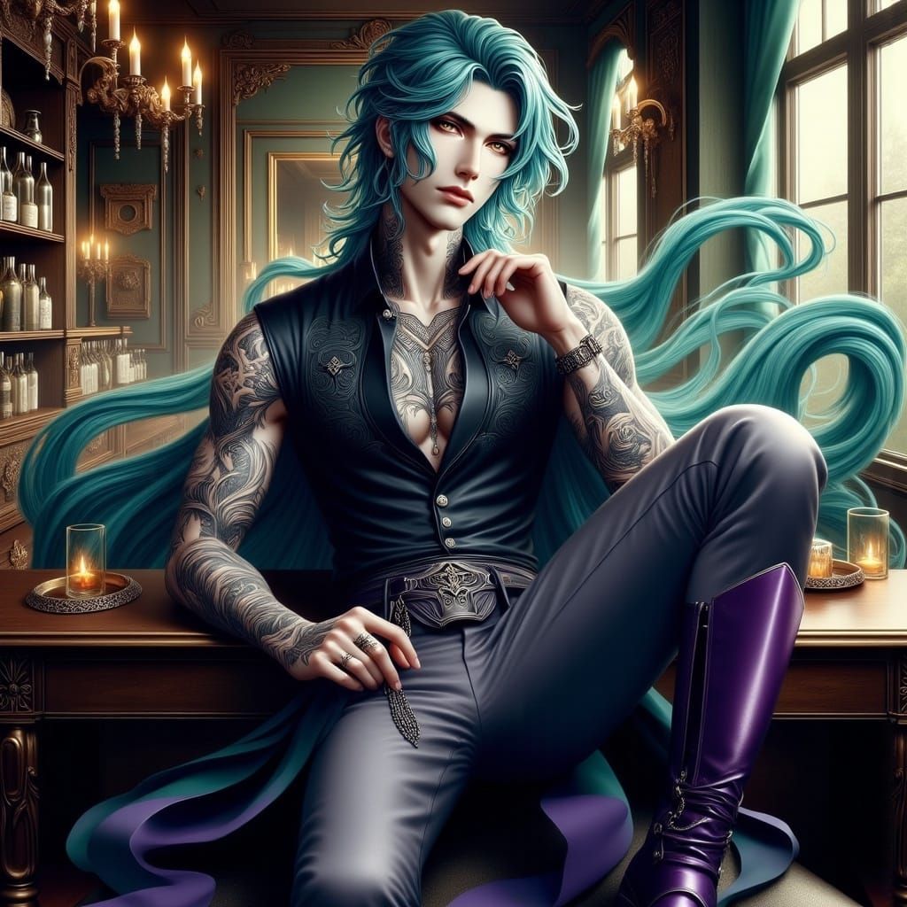 Sorcerer in Steampunk Bar Decor with Native American Tattoos