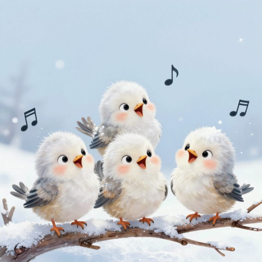 Adorable Fluffy Baby Birds Singing on a Snowy Branch