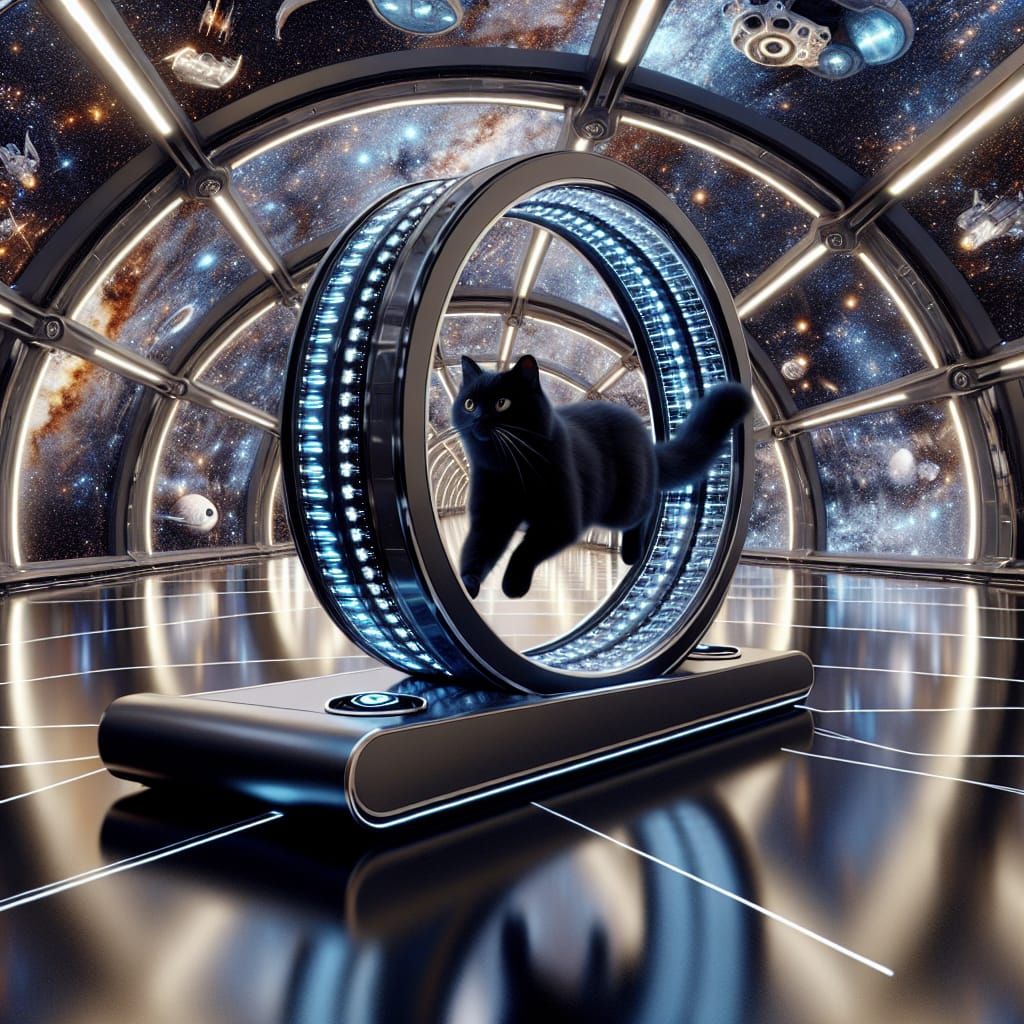 Sleek Black Cat Running in Future Space Station