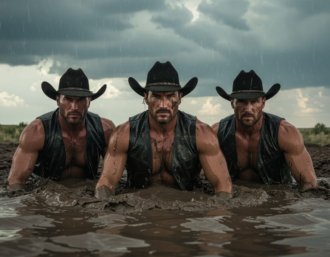 Cowboys Struggle in Mud Under Stormy Sky