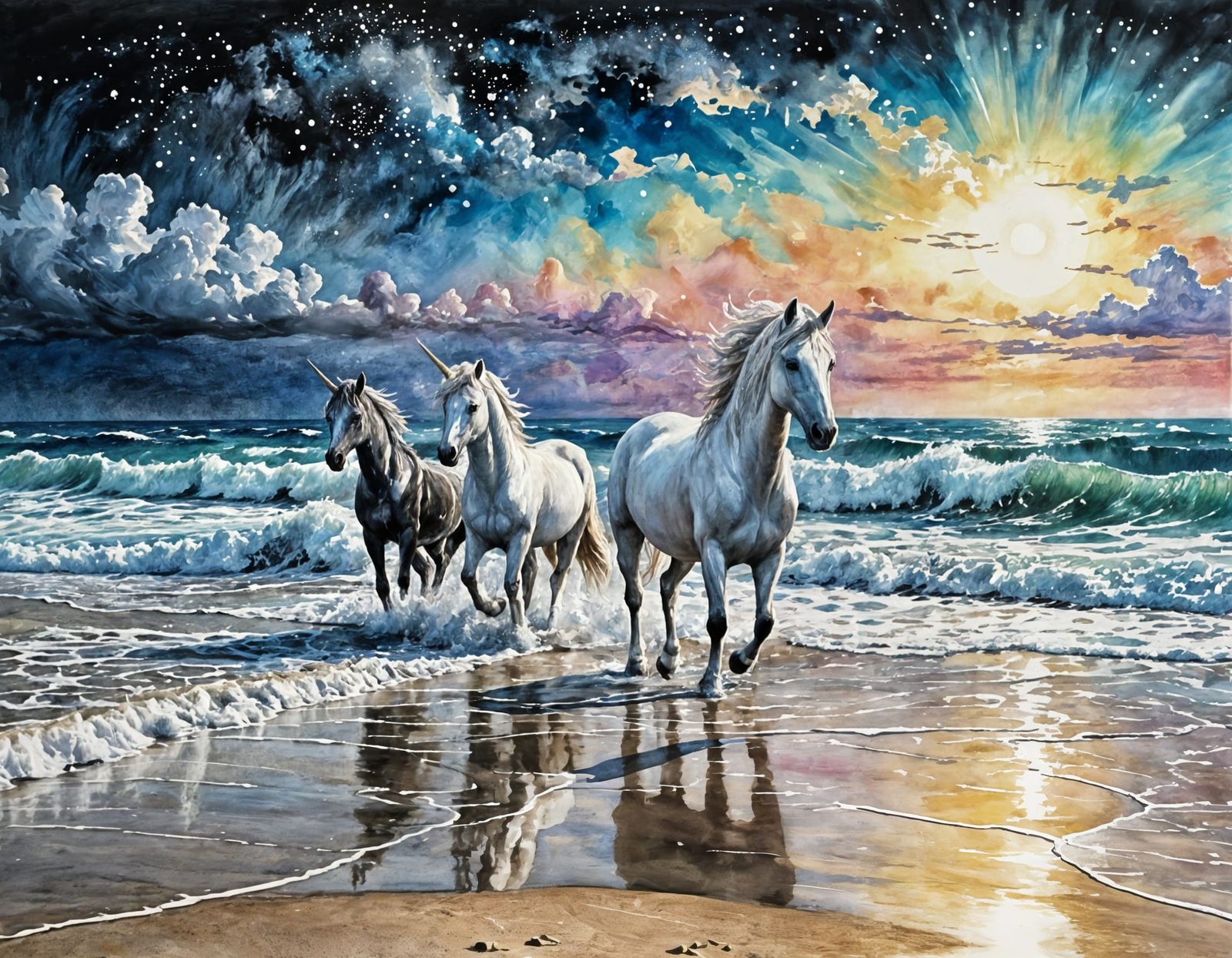 Iridescent Unicorns Emerge on Beach as Impasto Painting