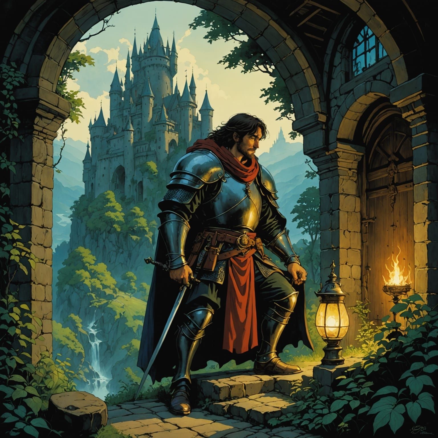 Paladin in Chiaroscuro Style Fantasy Scene